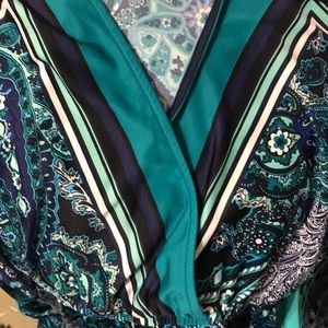 Silky type navy, white, green, and black dress